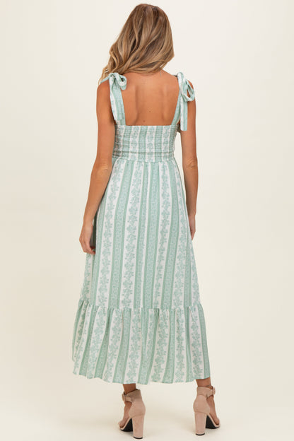 Sage Floral Stripe Smocked Shoulder Tie Maternity Midi Dress