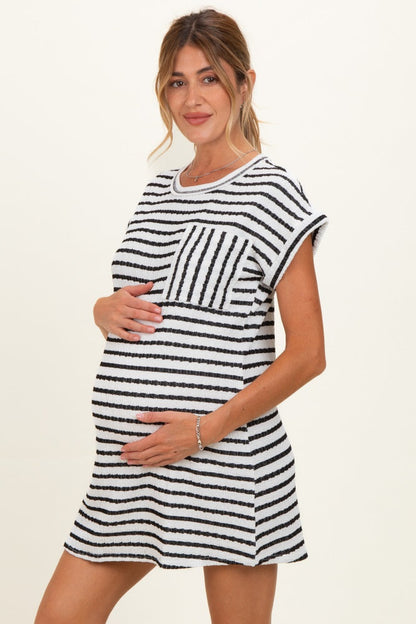 Black Textured Stripe Knit Maternity T-Shirt Dress