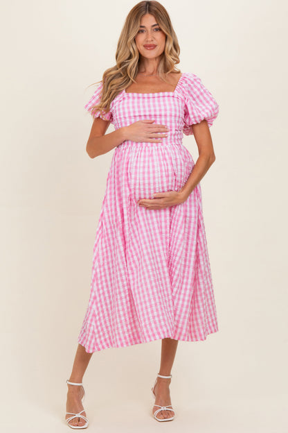 Pink Gingham Puff Sleeve Maternity Midi Dress