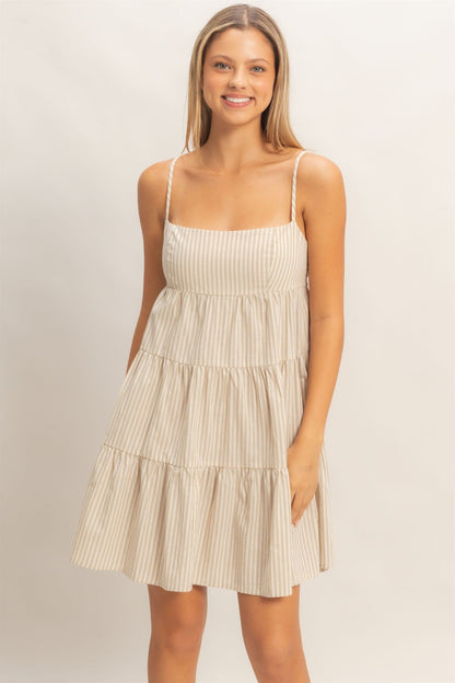 Beige Striped Tiered Cutout Maternity Dress