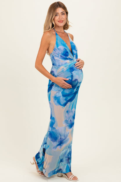 Blue Floral Halter Mesh Maternity Maxi Dress