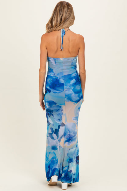 Blue Floral Halter Mesh Maternity Maxi Dress