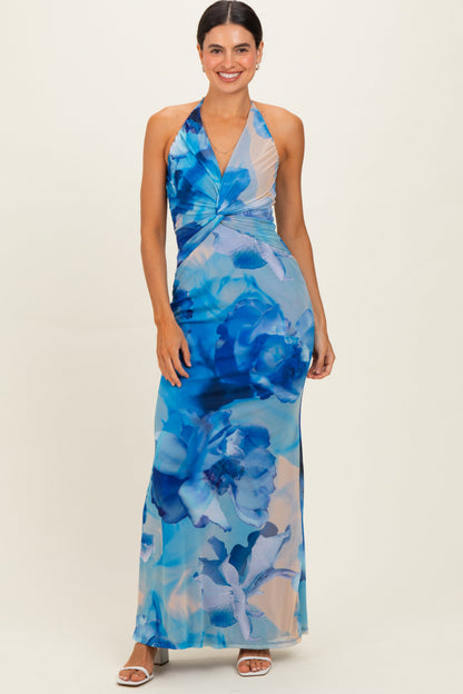 Blue Floral Halter Mesh Maternity Maxi Dress