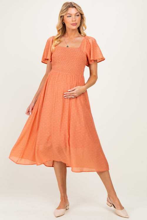 Salmon Polka Dot Smocked Maternity Midi Dress