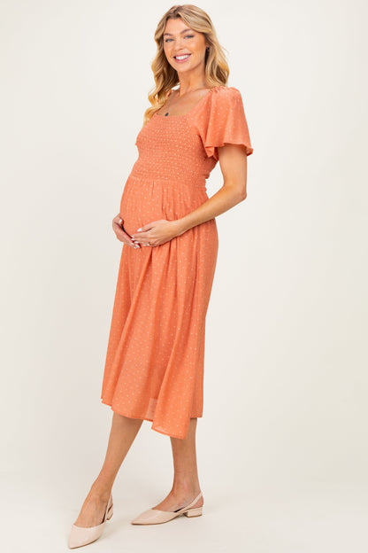 Salmon Polka Dot Smocked Maternity Midi Dress