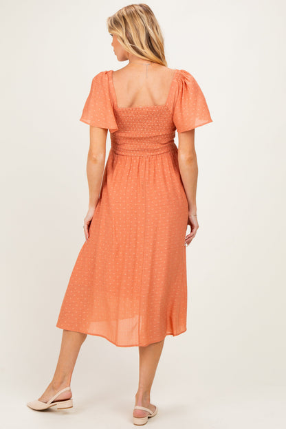 Salmon Polka Dot Smocked Maternity Midi Dress