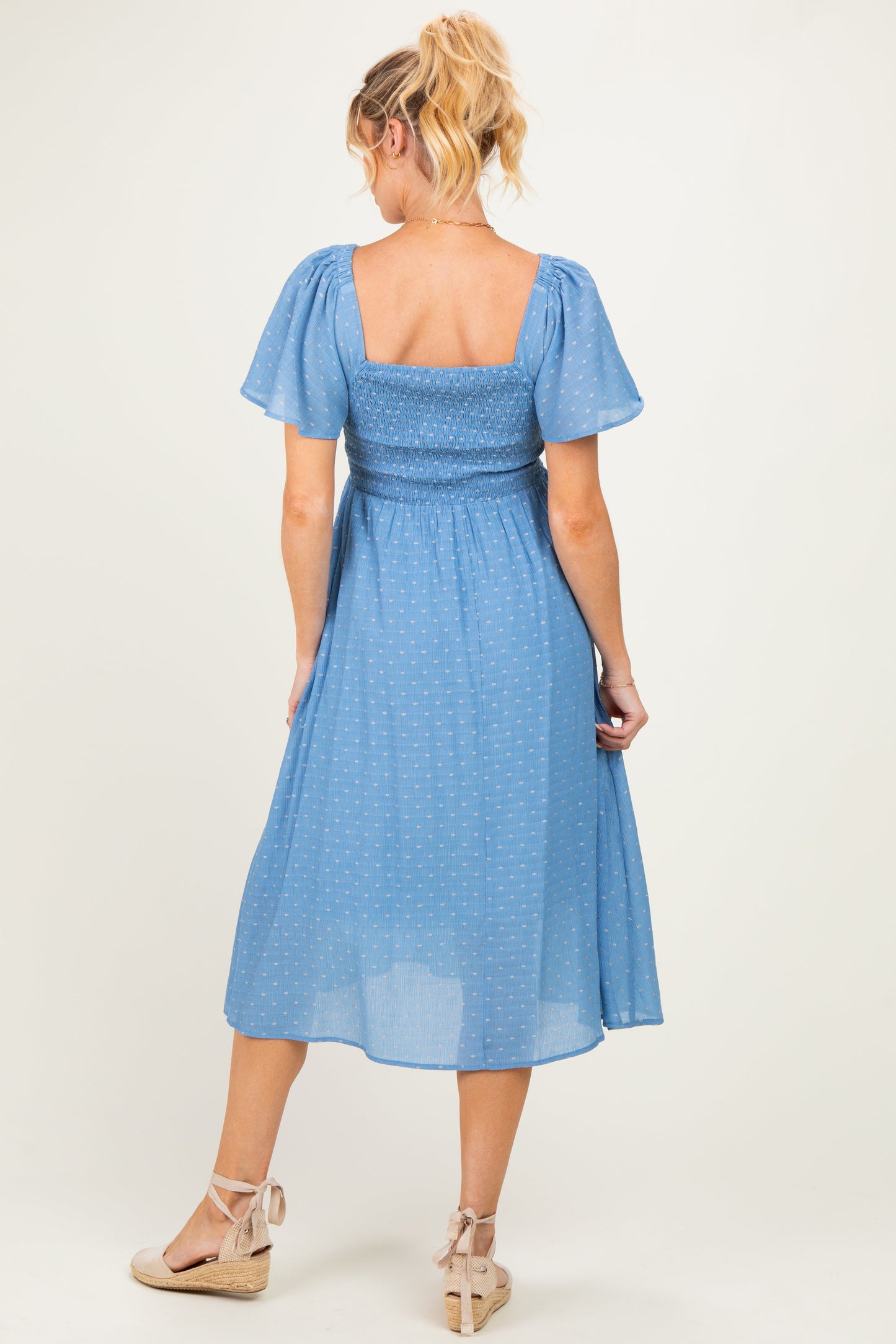 Blue Polka Dot Smocked Maternity Midi Dress