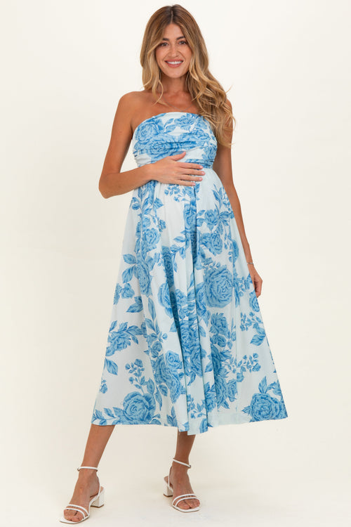 Blue Blossom Print Strapless Maternity Maxi Dress
