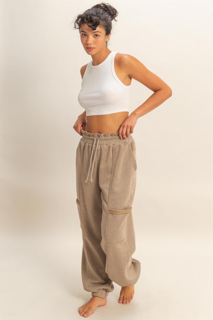 Mocha Ruffle Waist Burnout Maternity Jogger Pants