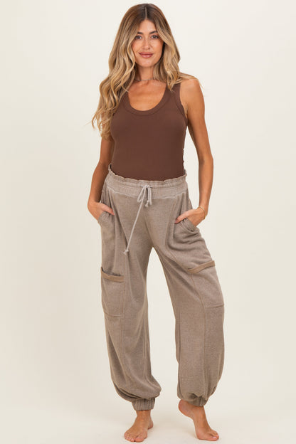Mocha Ruffle Waist Burnout Maternity Jogger Pants