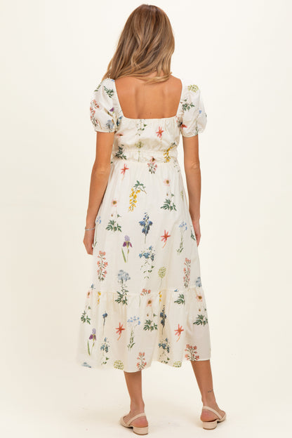 Ivory Floral Puff Sleeve Maternity Midi Dress