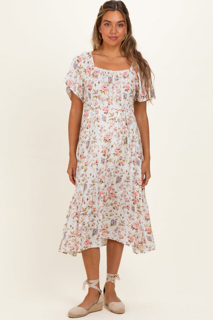 Ivory Floral Flutter Sleeve Maternity Midi Dress
