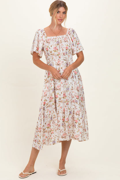 Ivory Floral Flutter Sleeve Maternity Midi Dress