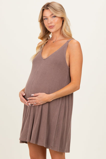 Brown Ribbed Sleeveless Front Seam Maternity Dress