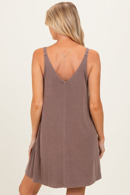 Brown Ribbed Sleeveless Front Seam Maternity Dress