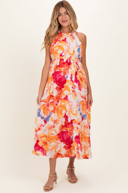 Coral Floral Pleated Maternity Midi Dress