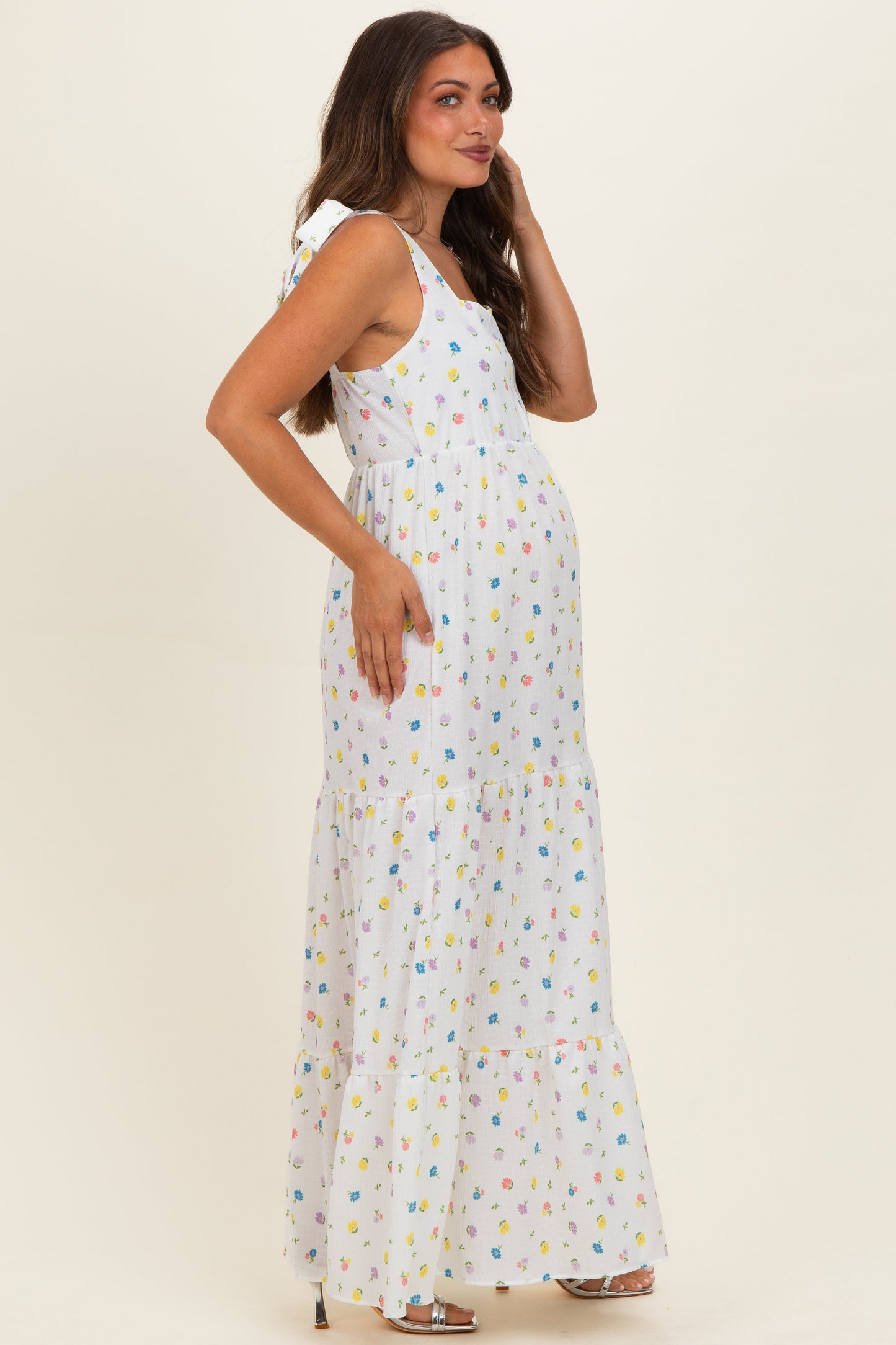Ivory Floral Tiered Shoulder Tie Maternity Maxi Dress