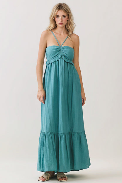 Aqua Teal Halter Neck Tiered Cutout Maternity Maxi Dress