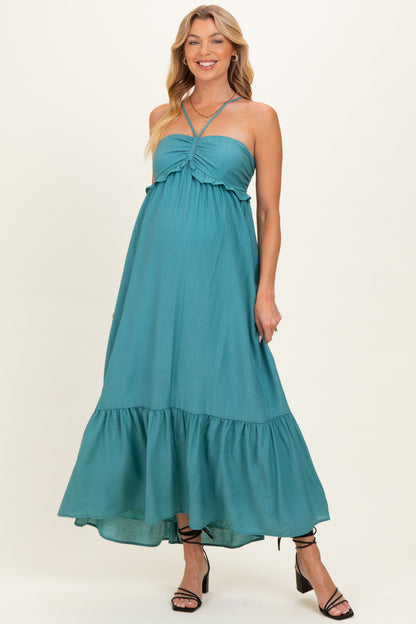 Aqua Teal Halter Neck Tiered Cutout Maternity Maxi Dress