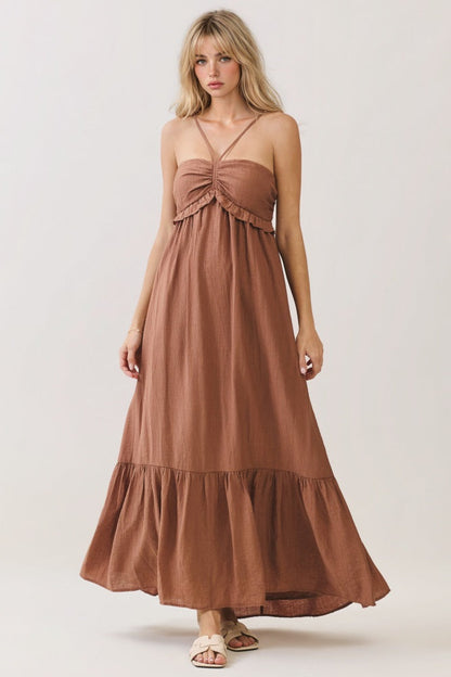 Amber Brown Halter Neck Tiered Cutout Maternity Maxi Dress