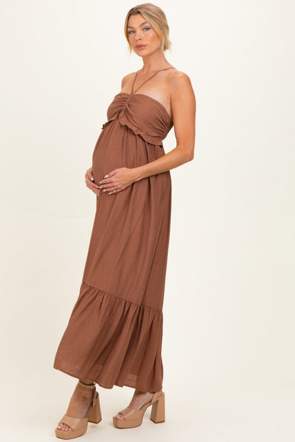 Amber Brown Halter Neck Tiered Cutout Maternity Maxi Dress
