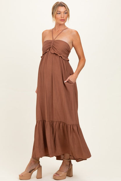 Amber Brown Halter Neck Tiered Cutout Maternity Maxi Dress