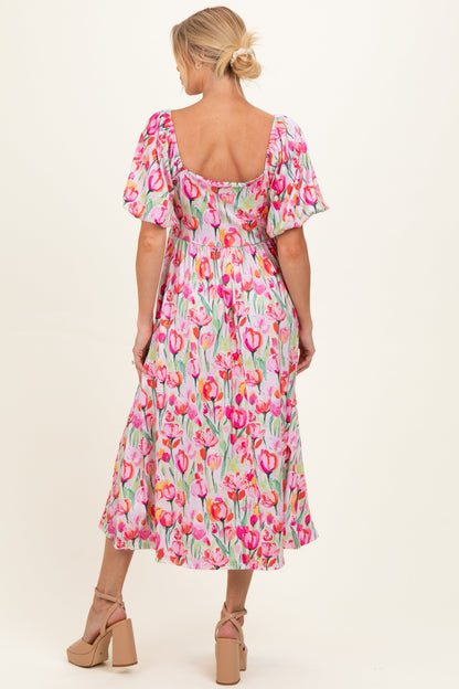 Pink Floral Square Neck Babydoll Maternity Maxi Dress