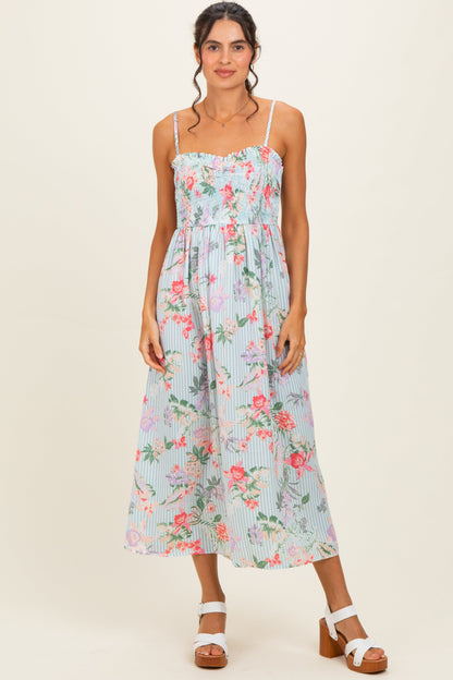 Aqua Multi Floral Print Smocked Chest Maternity Maxi Dress