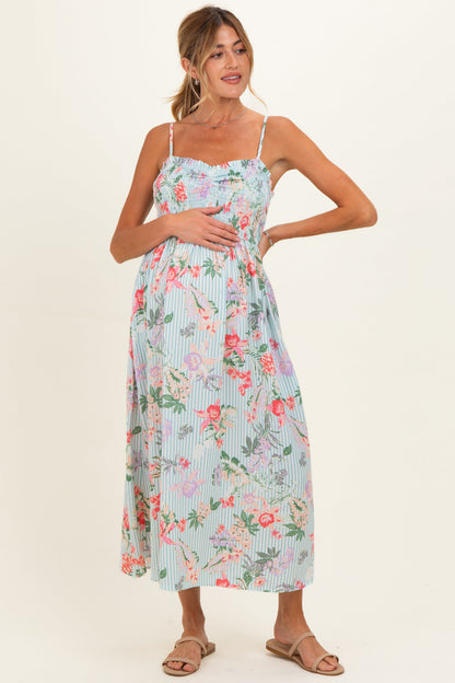 Aqua Multi Floral Print Smocked Chest Maternity Maxi Dress