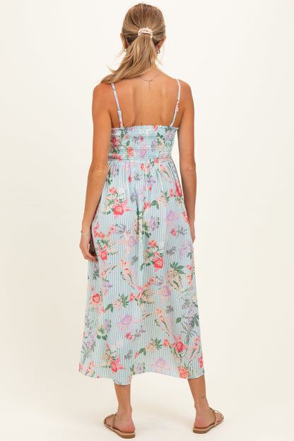 Aqua Multi Floral Print Smocked Chest Maternity Maxi Dress