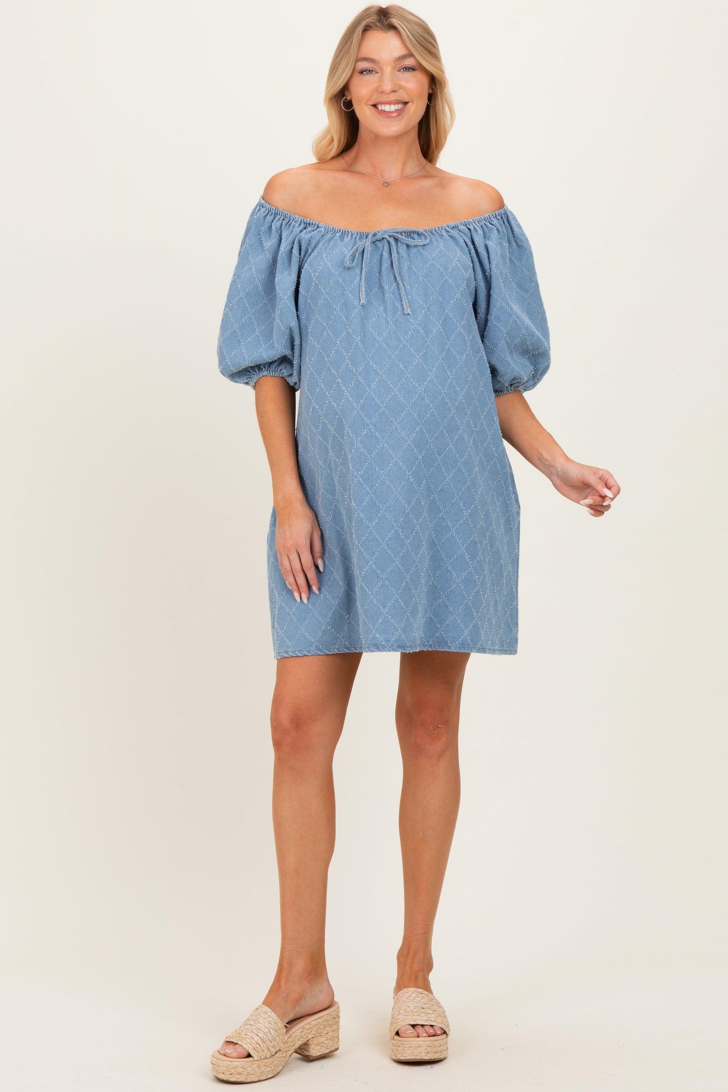 Light Blue Chambray Jacquard Puff Sleeve Maternity Mini Dress