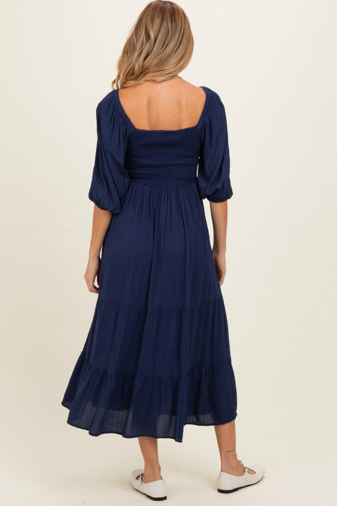 Navy Smocked Puffed Sleeve Maternity Maxi Dress