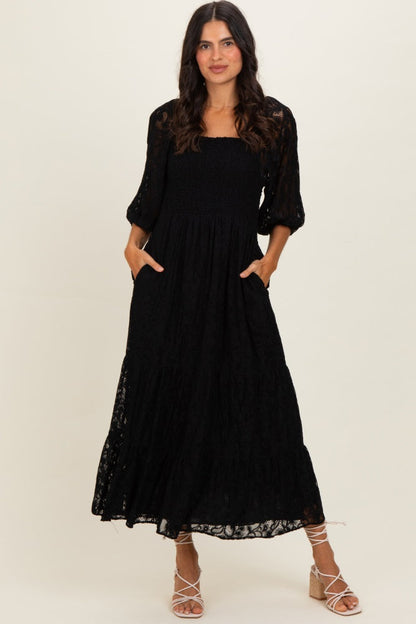 Black Lace Smocked Maternity Midi Dress