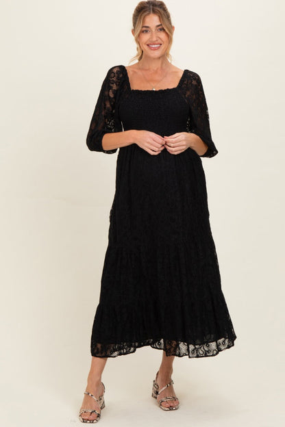 Black Lace Smocked Maternity Midi Dress