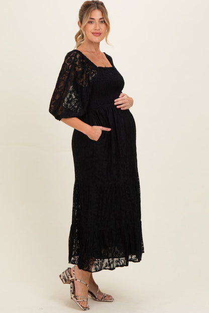 Black Lace Smocked Maternity Midi Dress