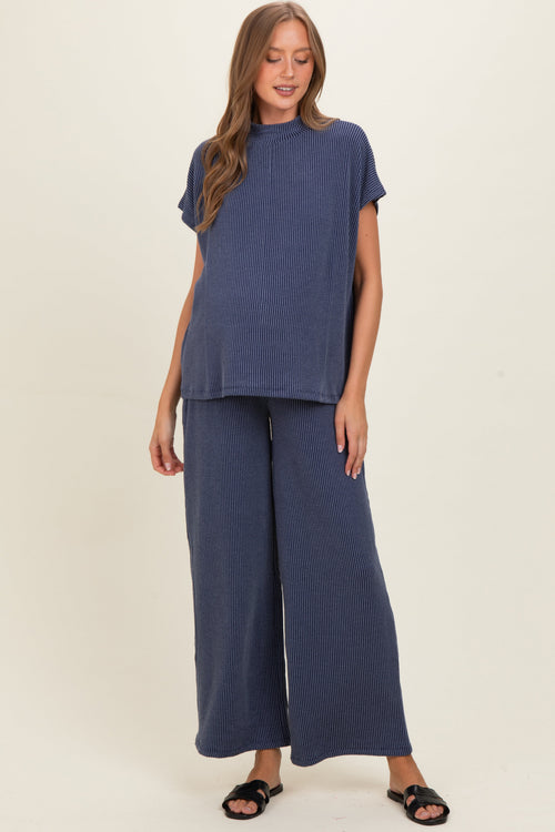 Navy Textured Rib Mock Neck Short Sleeve Pant Maternity Set