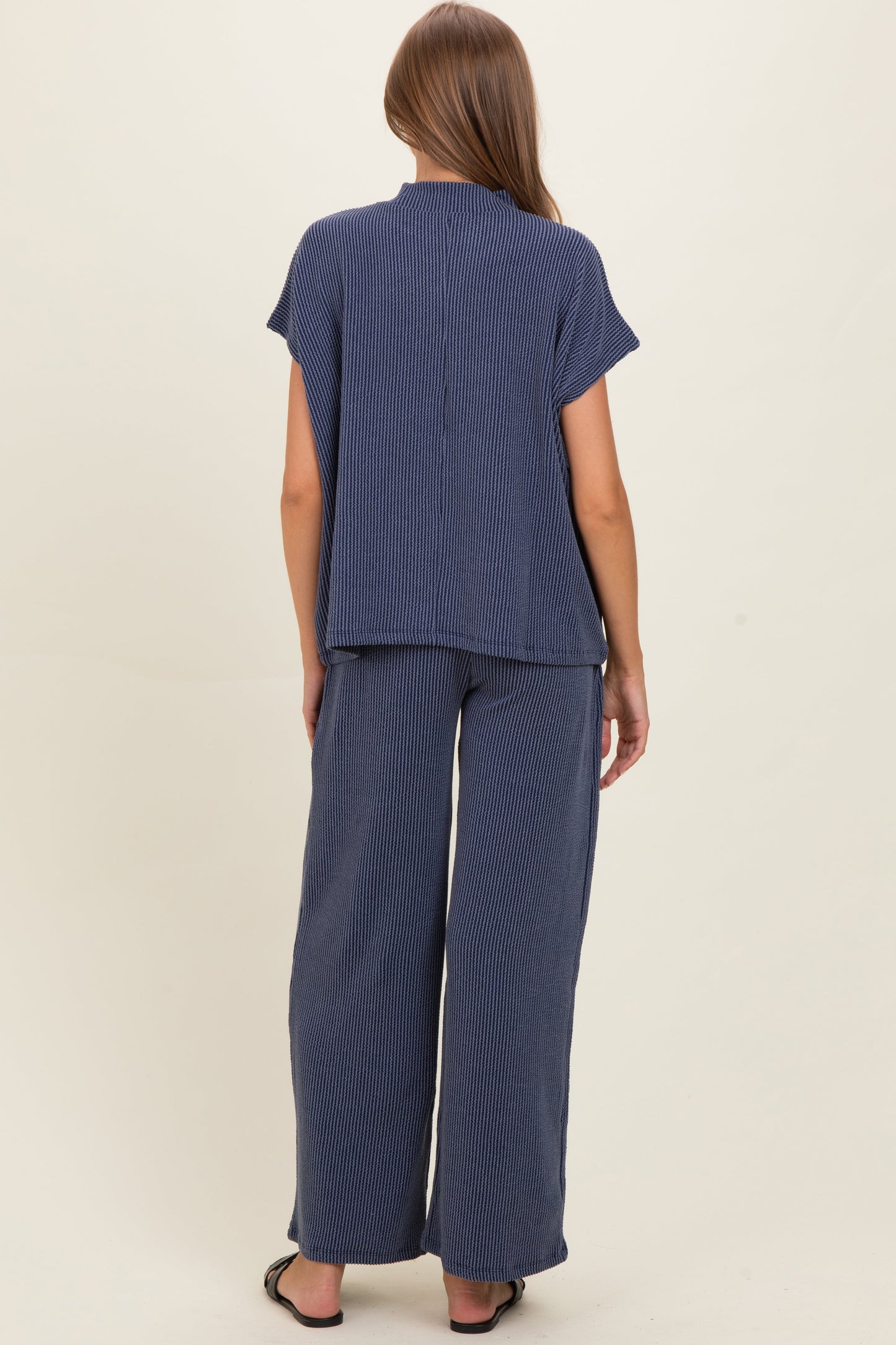 Navy Textured Rib Mock Neck Short Sleeve Pant Maternity Set