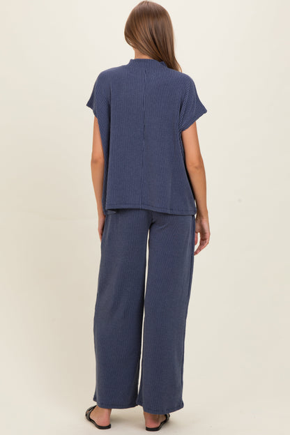 Navy Textured Rib Mock Neck Short Sleeve Pant Maternity Set