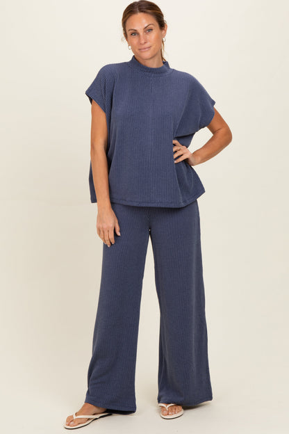 Navy Textured Rib Mock Neck Short Sleeve Pant Maternity Set