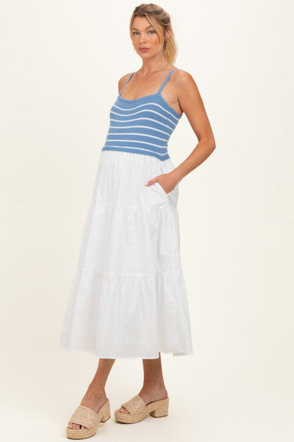 Blue Striped Knit Top Tiered Maternity Midi Dress