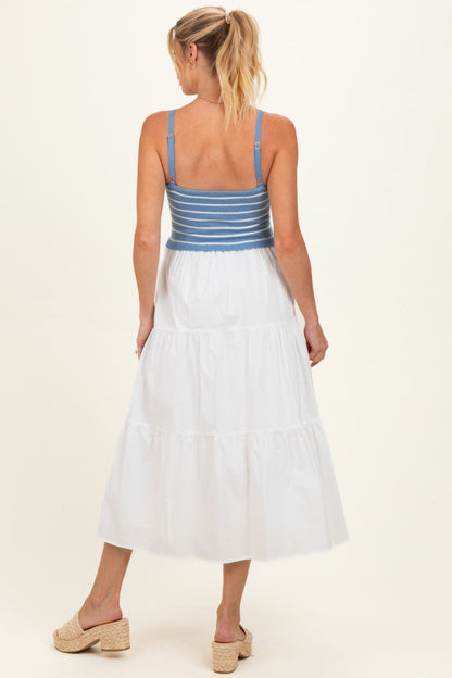Blue Striped Knit Top Tiered Maternity Midi Dress