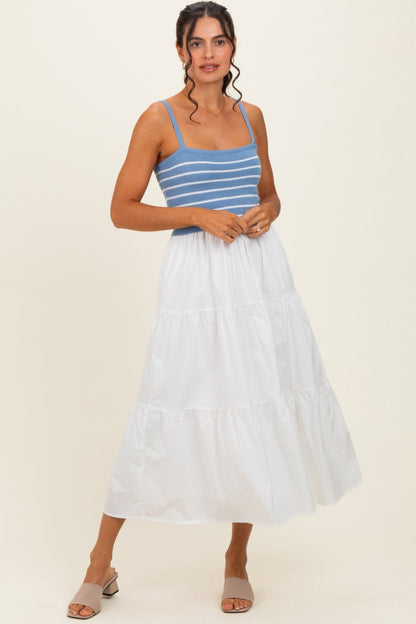 Blue Striped Knit Top Tiered Maternity Midi Dress