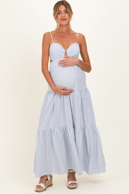 White Striped Cutout Tie Back Maternity Maxi Dress