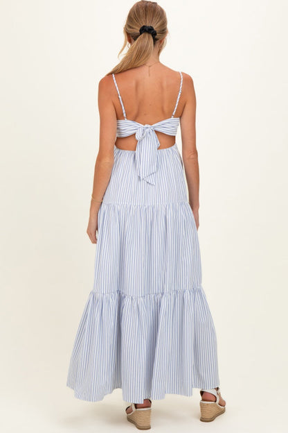 White Striped Cutout Tie Back Maternity Maxi Dress