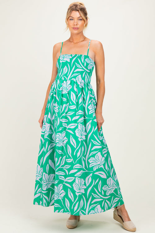 Kelly Green Floral Smocked Maternity Midi Dress