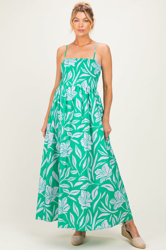 Kelly Green Floral Smocked Maternity Midi Dress