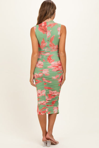 Sage Floral Ruched High Neck Maternity Midi Dress
