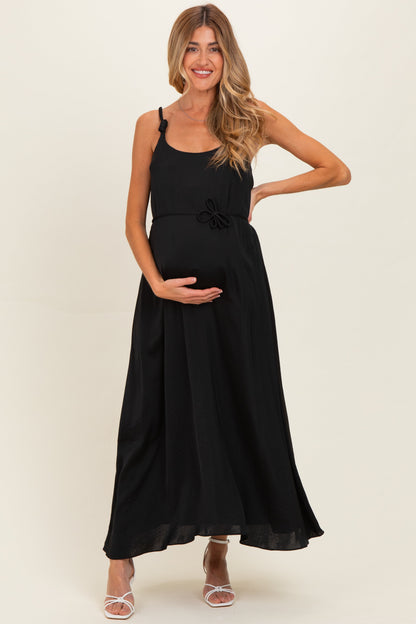 Black Sleeveless Flower Belt Maxi Dress