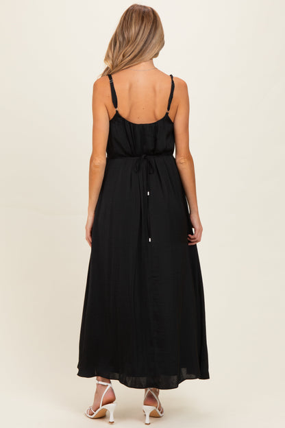 Black Sleeveless Flower Belt Maxi Dress