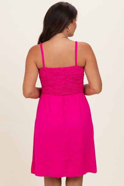 Hot Pink Knot Detail Smocked Maternity Mini Dress